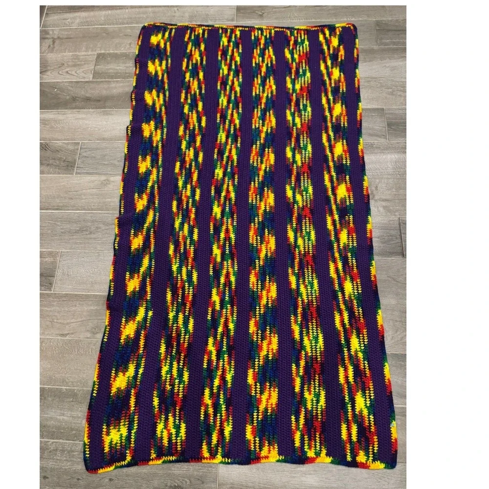 Handmade Crochet Afghan Blanket Large Purple Multi Color Retro Striped Cozy Boho